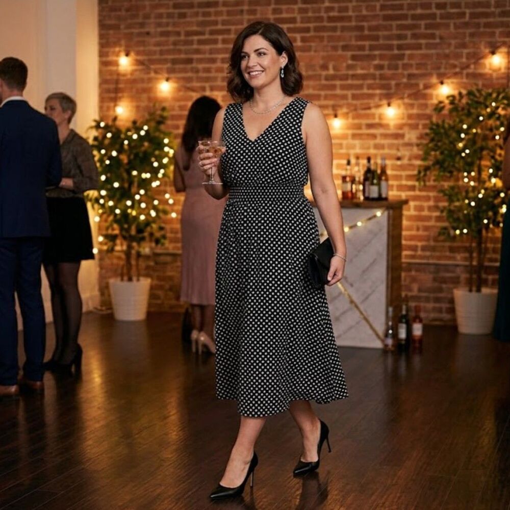 Kate & Lily Black & White Polkadot Fit & Flare Sleeveless Midi Dress Size 8